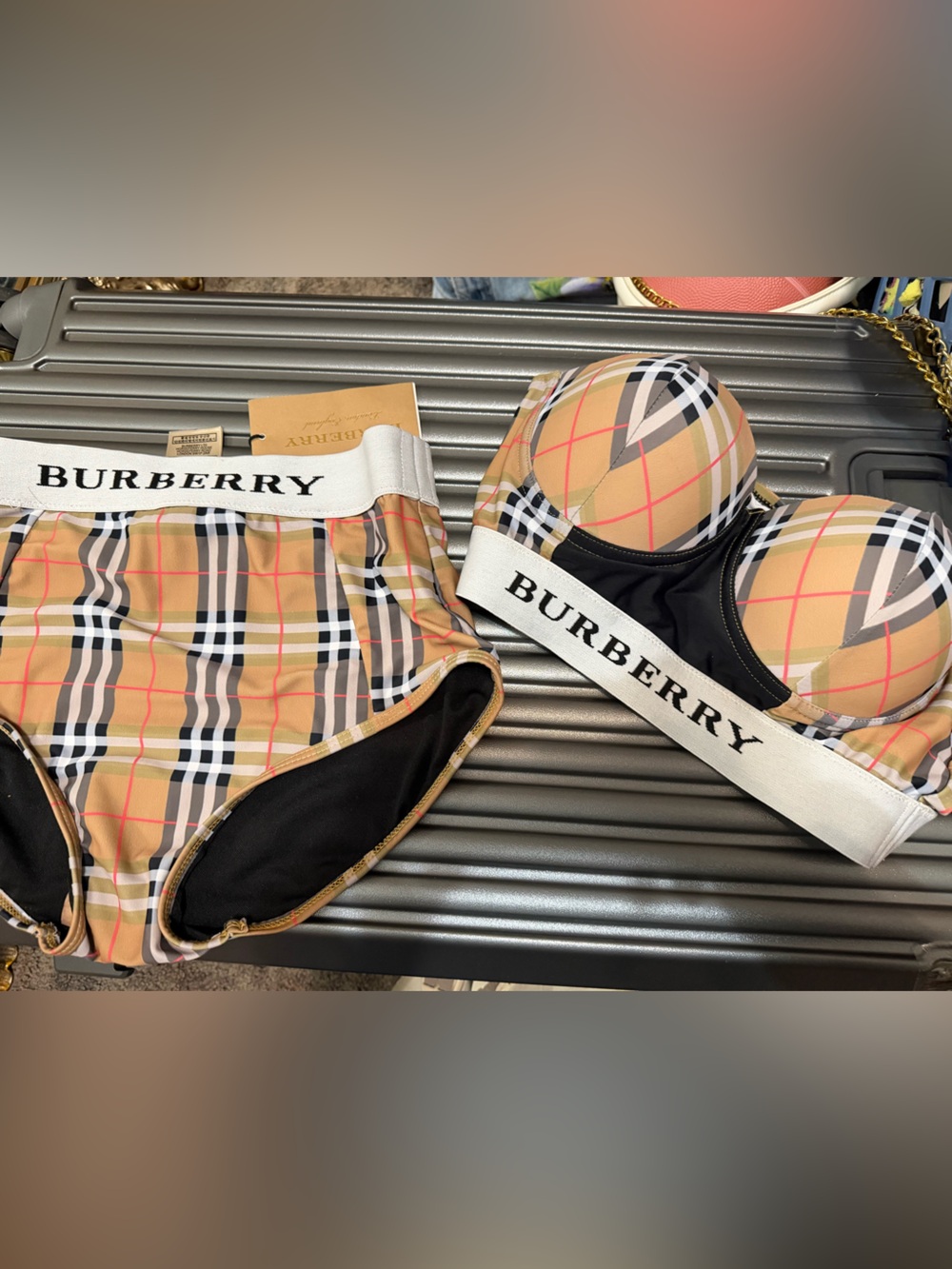 Red, black, Beige Checkered Bikini Set